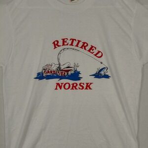 Vintage XL Screen Stars T Shirt Fishing Single Stitch Retired NORSK Cartoon USA
